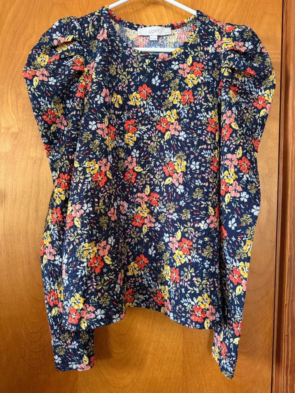 LOFT Navy Floral Puff-Sleeve Long Sleeve Top